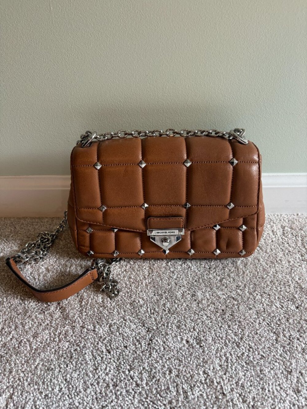 Michael Kors camel brown leather quilted silver studded crossbody bag